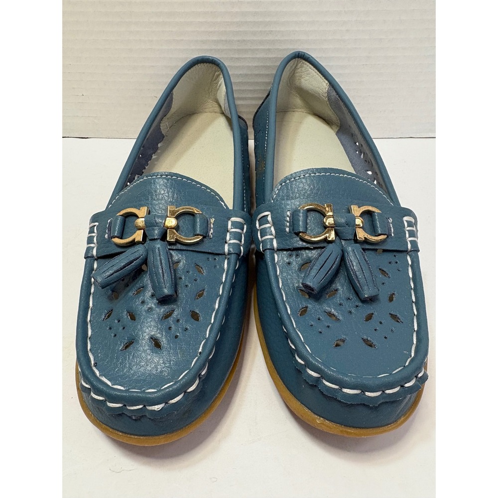 Blue Leather Perforated Tassel Loafers Gold Horsebit Slip On Shoes Vintage